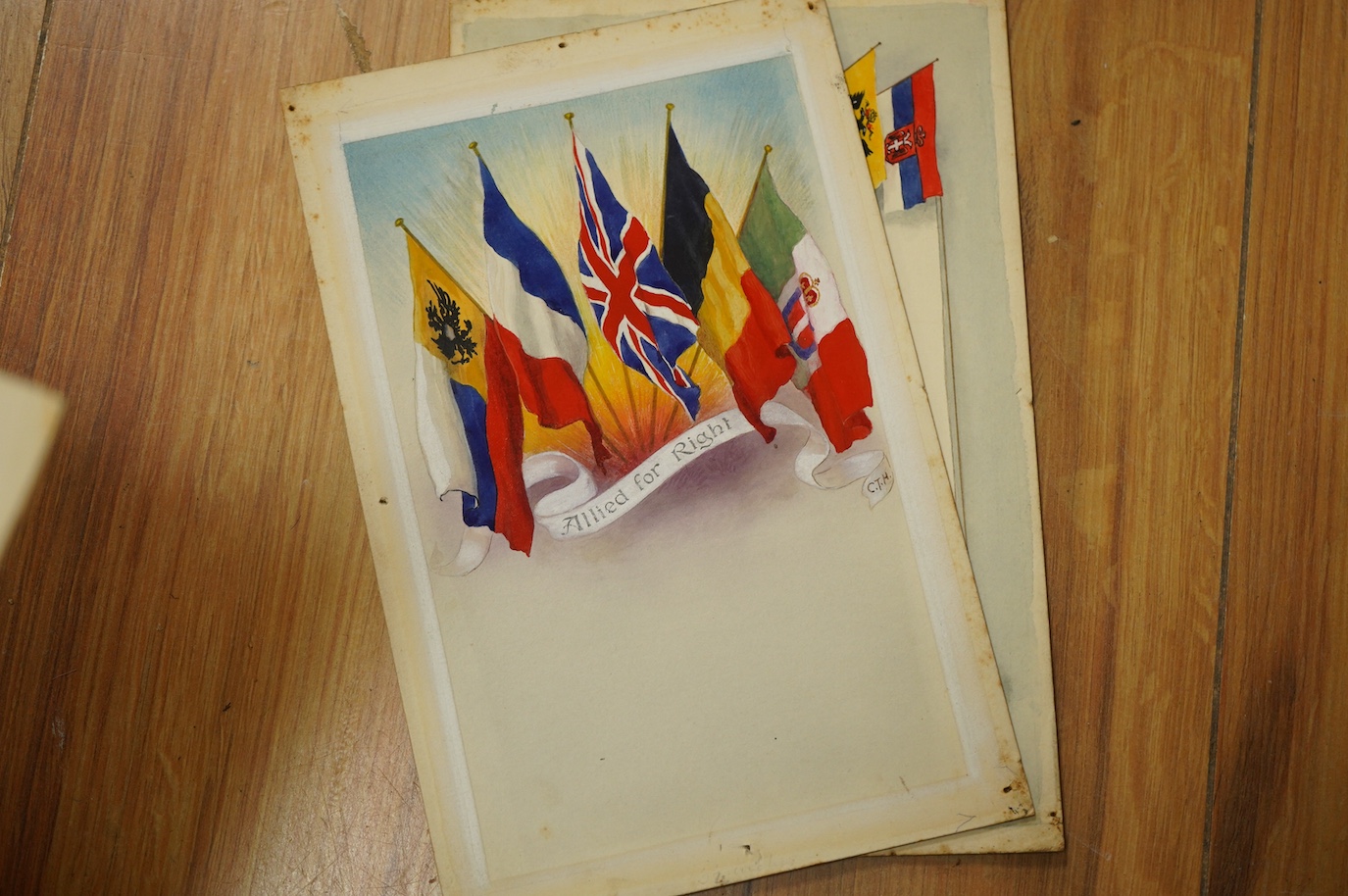 Charles Thomas Howard (1865–1942), nine original watercolours for patriotic postcard designs, WWI Flags of the Allied Nations, unframed, largest 14 x 23cm. Condition - fair
